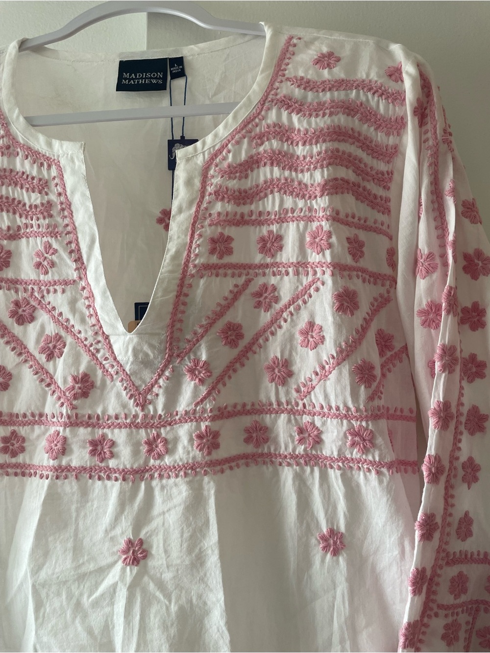 Madison Mathews White Pink Embroidered Tunic NWT Large